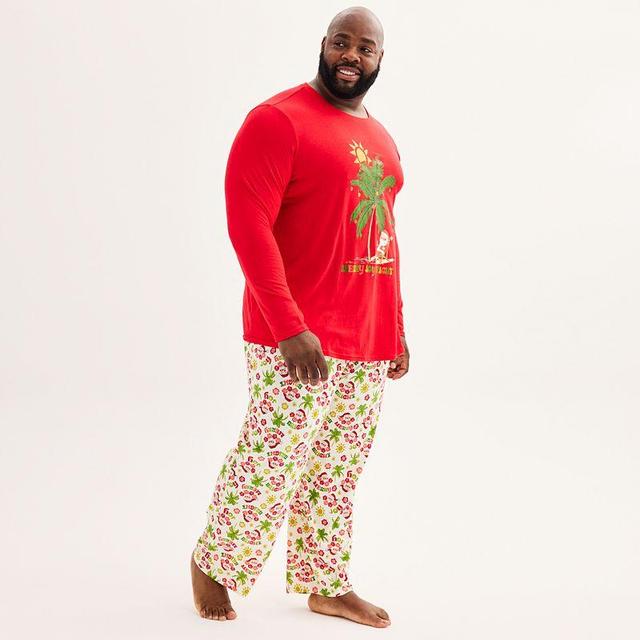 Big & Tall Jammies For Your Families Santa On Holiday Top & Bottoms Pajama Set, Mens Ivory Holiday Product Image