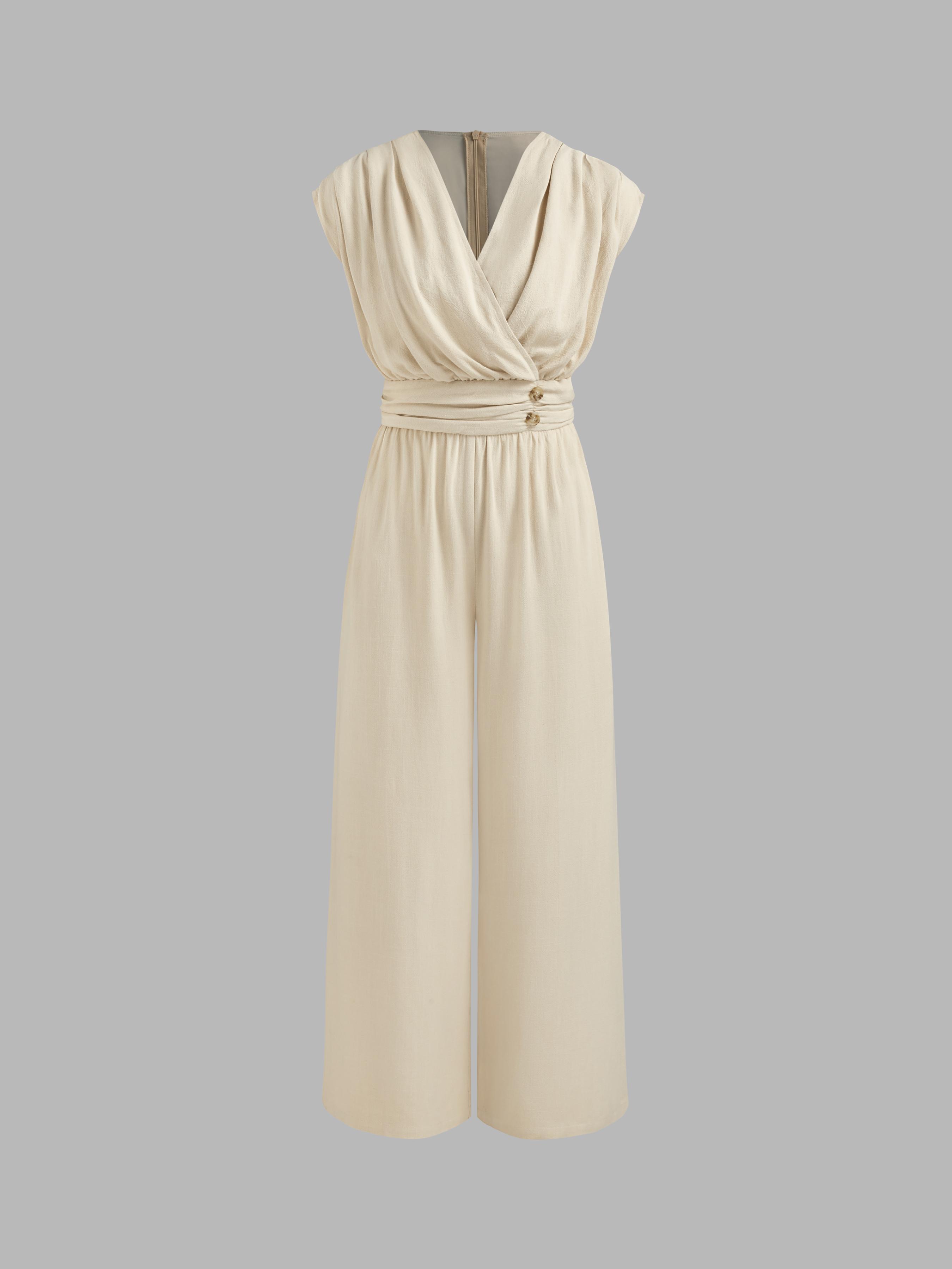 Linen-blend V-neck Solid Wrap Pocket Wide Leg Jumpsuit product image