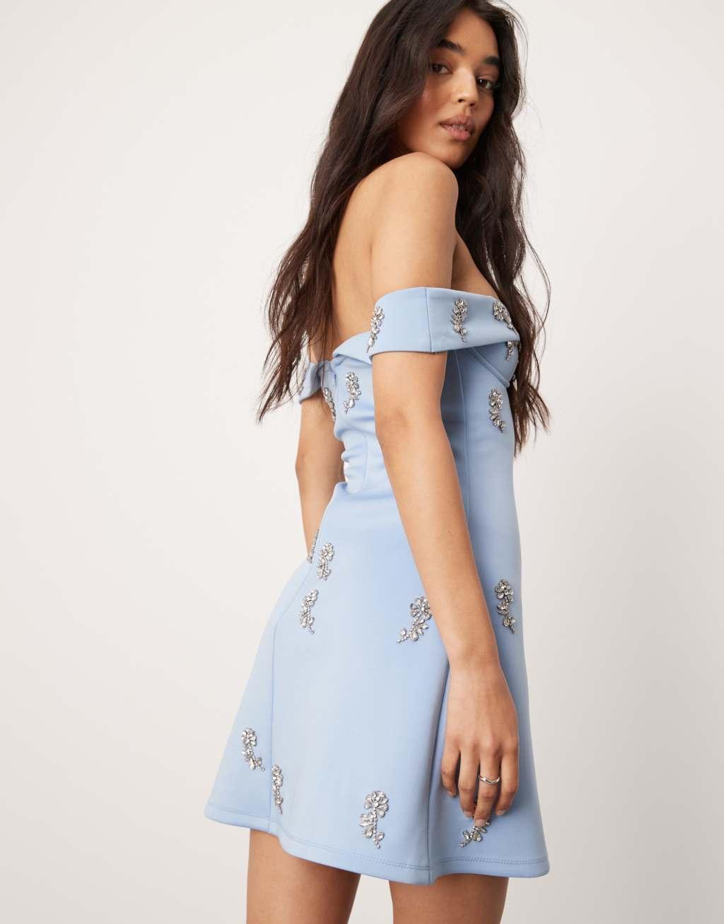 ASOS DESIGN cupped bardot mini dress with floral embellishment in pale blue Product Image