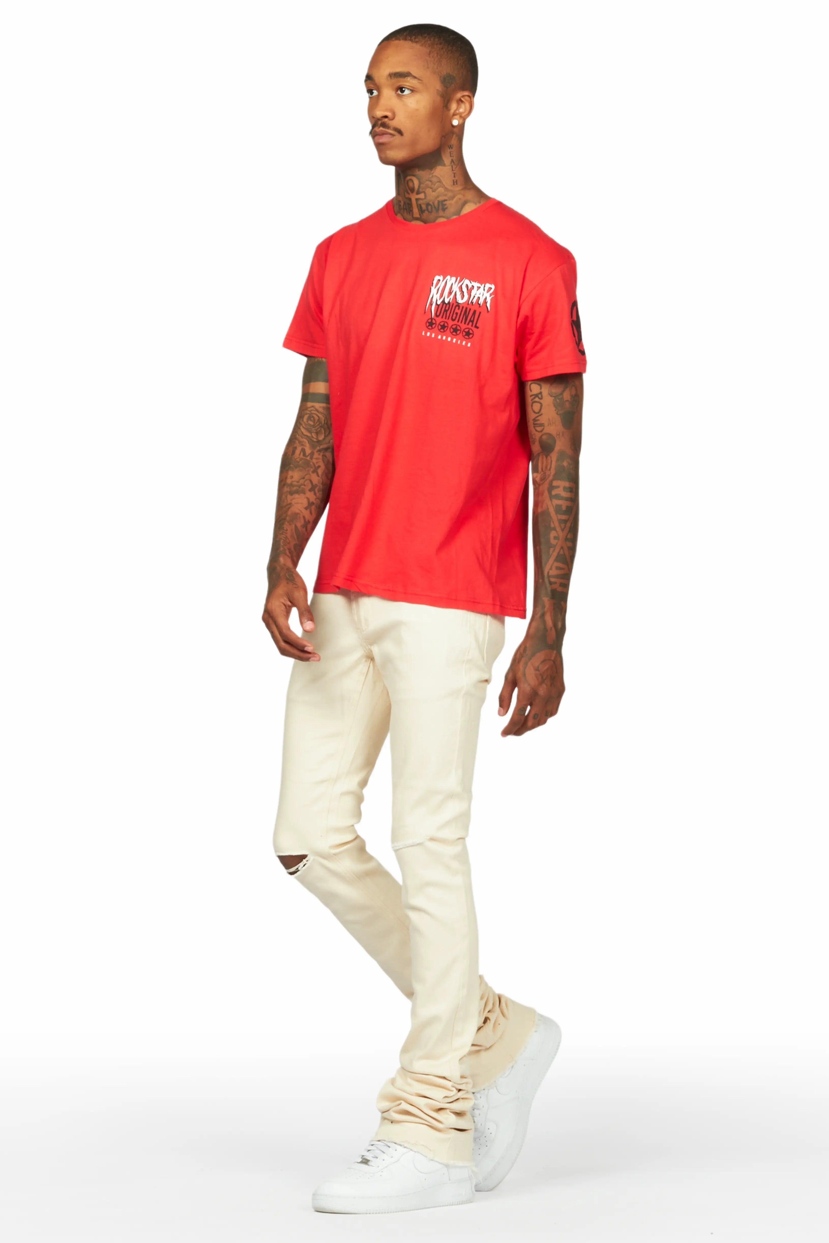 Wizzurd Red T-Shirt & Josiah Beige Super Stacked Flare Jean Bundle Male Product Image