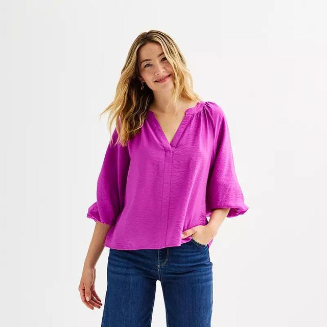 Womens Sonoma Goods For Life Shirred Balloon Sleeve Y-Neck Top Product Image