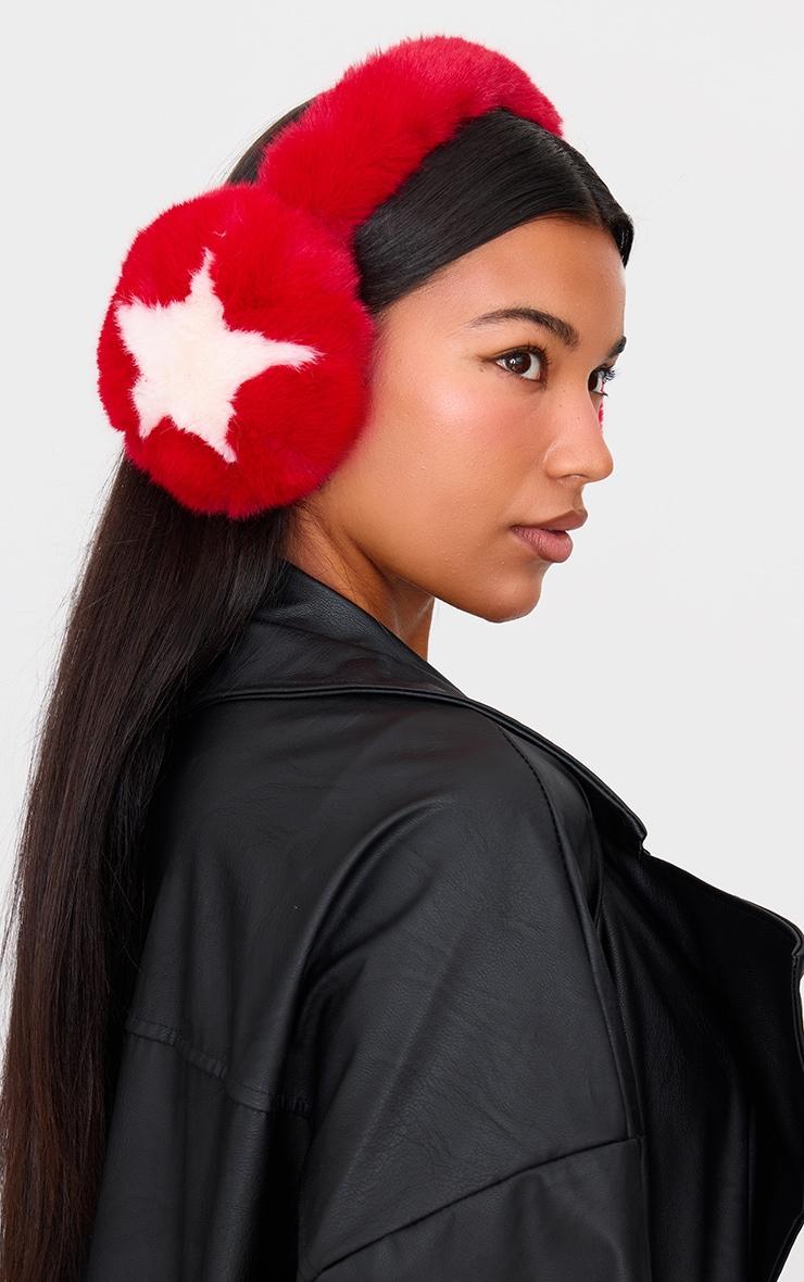 Bright Red Faux Fur Star Ear Muffs Product Image