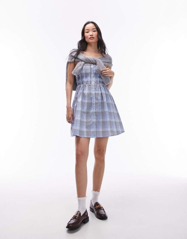 Topshop seersucker check shirred mini dress in blue check Product Image