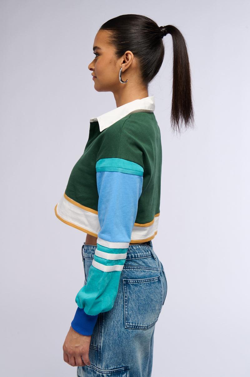 VARSITY LETTER LONG SLEEVE CROPPED POLO SHIRT Product Image