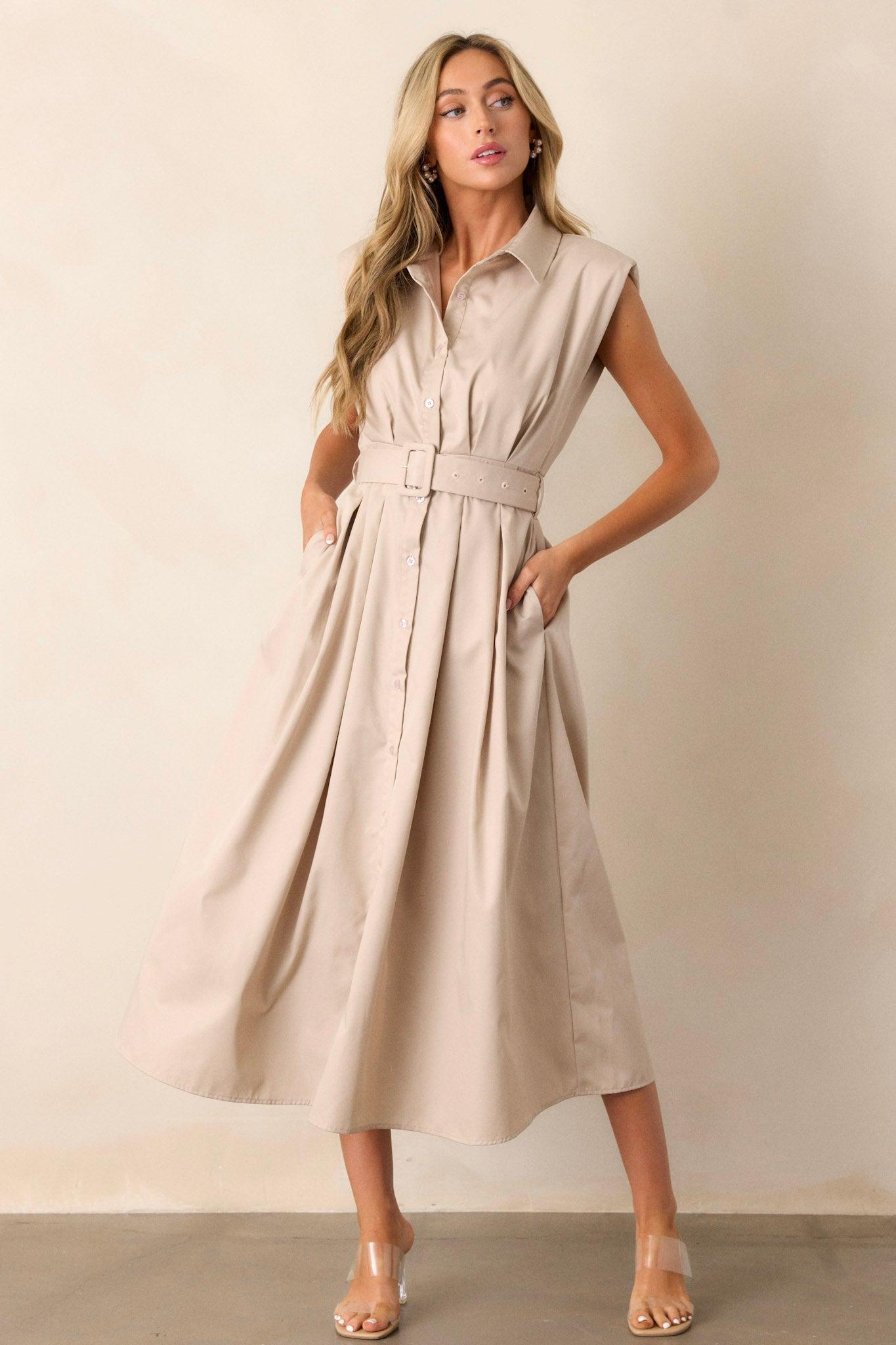 Days Go By Beige Belted Midi Dress Product Image