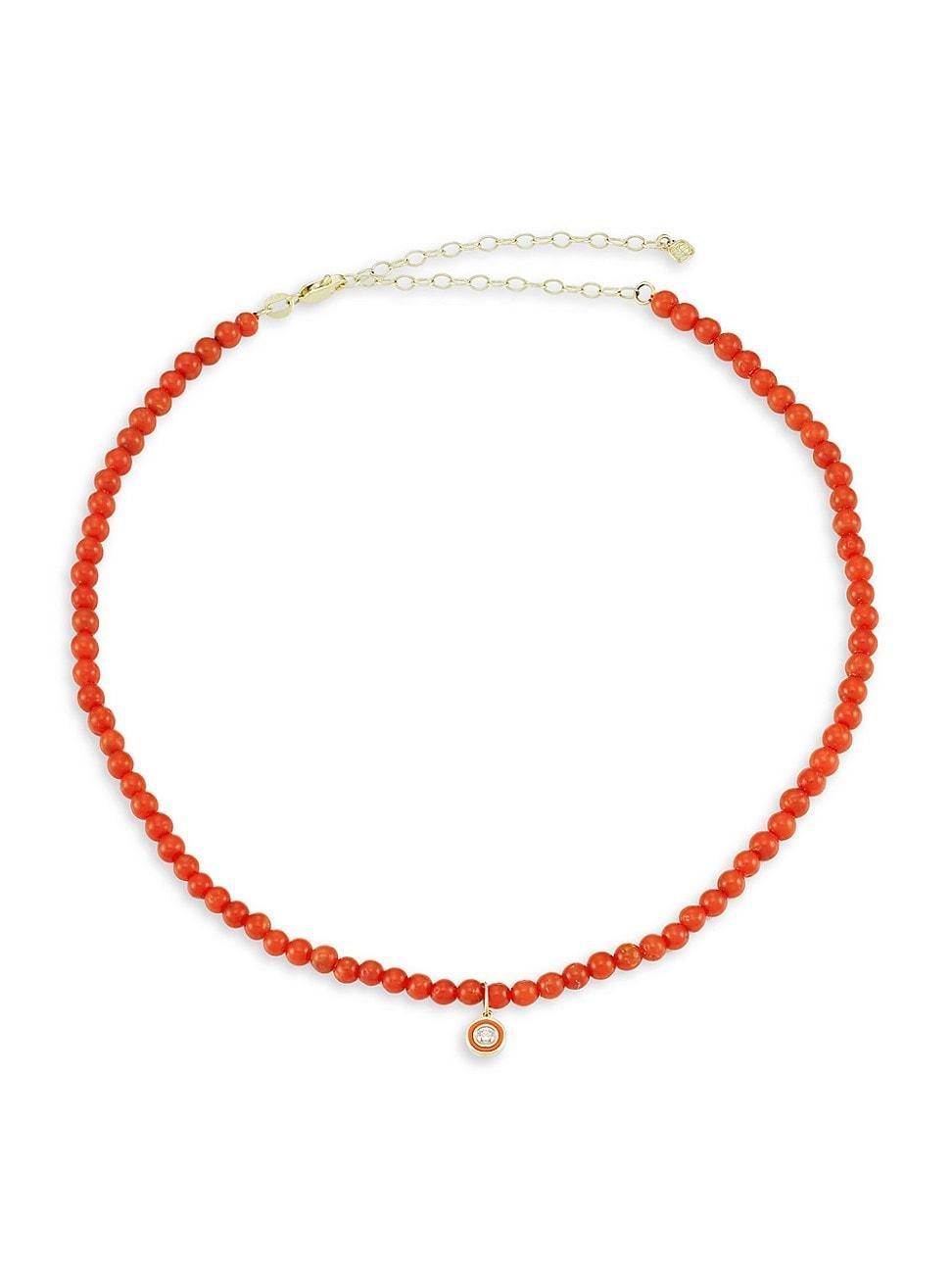 Womens 14K Yellow Gold, Red Bamboo Coral & Diamond Choker Product Image