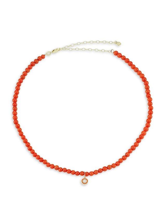 Womens 14K Yellow Gold, Red Bamboo Coral & Diamond Choker Product Image