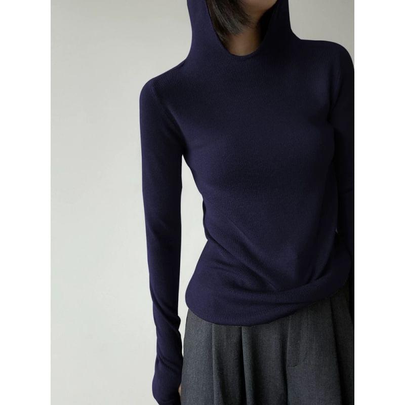 Long-Sleeve Plain Asymmetrical Hooded Knit Top Product Image