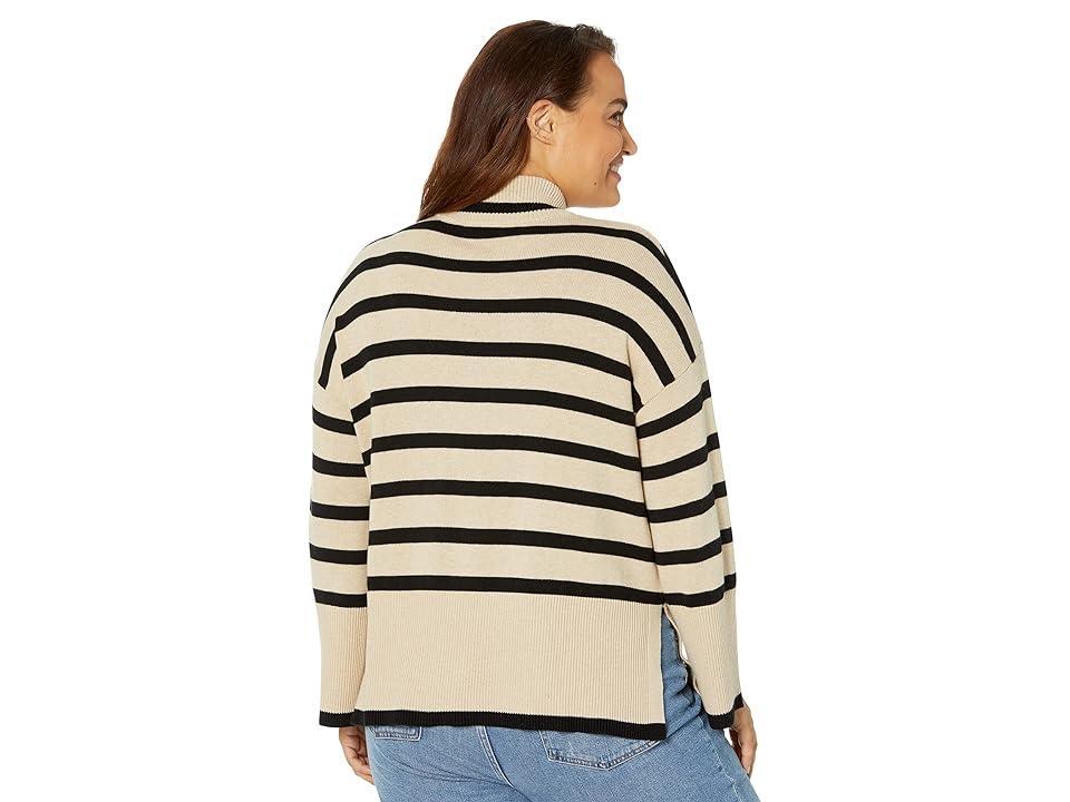 Elliott Lauren Cotton Cashmere Striped Mock Neck Sweater with Wide Rib Trim (Oatmeal) Women's Clothing Product Image