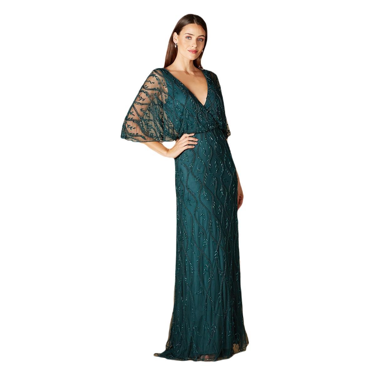 Womens Illusion Cape Sleeve Beaded Gown Product Image