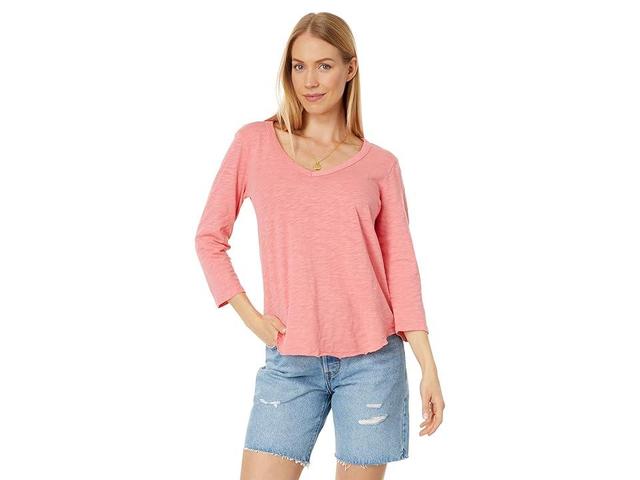 Mod-o-doc Slub Jersey 3/4 Sleeve V-Neck Tee with Curve Hem (Sweet Coral) Women's Clothing Product Image