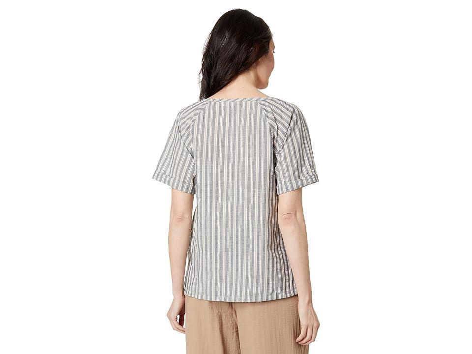 Mod-o-doc Stripe Shirting Roll-Up Sleeve Scoop Neck Top (Grey Multi) Women's Clothing Product Image