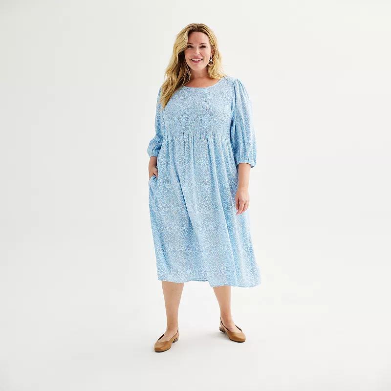 Plus Size Croft & Barrow 3/4 Sleeve Smocked Dress, Womens Blue White Lacy Product Image