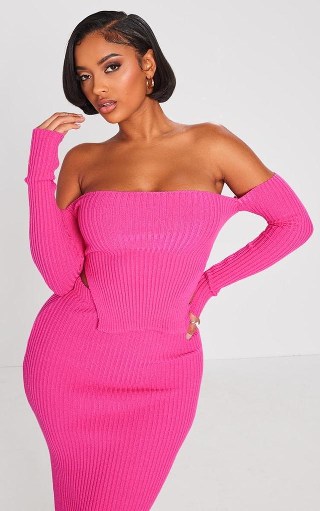 Shape Bright Pink Knit Bardot Split Side Detail Top Product Image