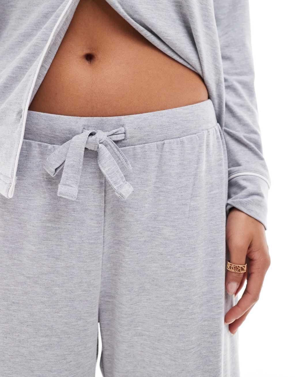 ASOS DESIGN Petite super soft long sleeve shirt & pants pajama set with contrast piping in gray Product Image