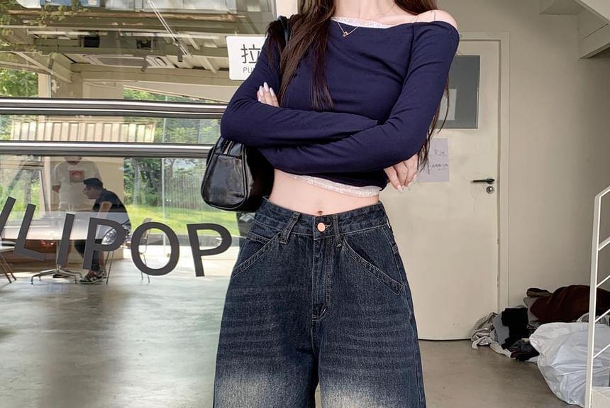 Mid Waist Washed Wide Leg Jeans Product Image