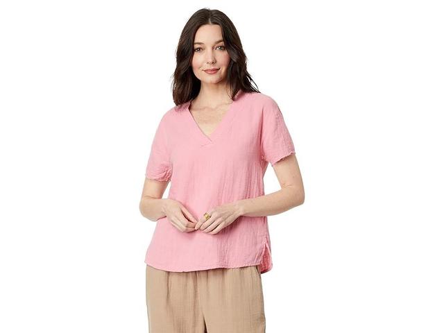 Mod-o-doc Double Layer Gauze Short Sleeve V-Neck Curve-Hem Blouse (Coral Sun) Women's Clothing Product Image