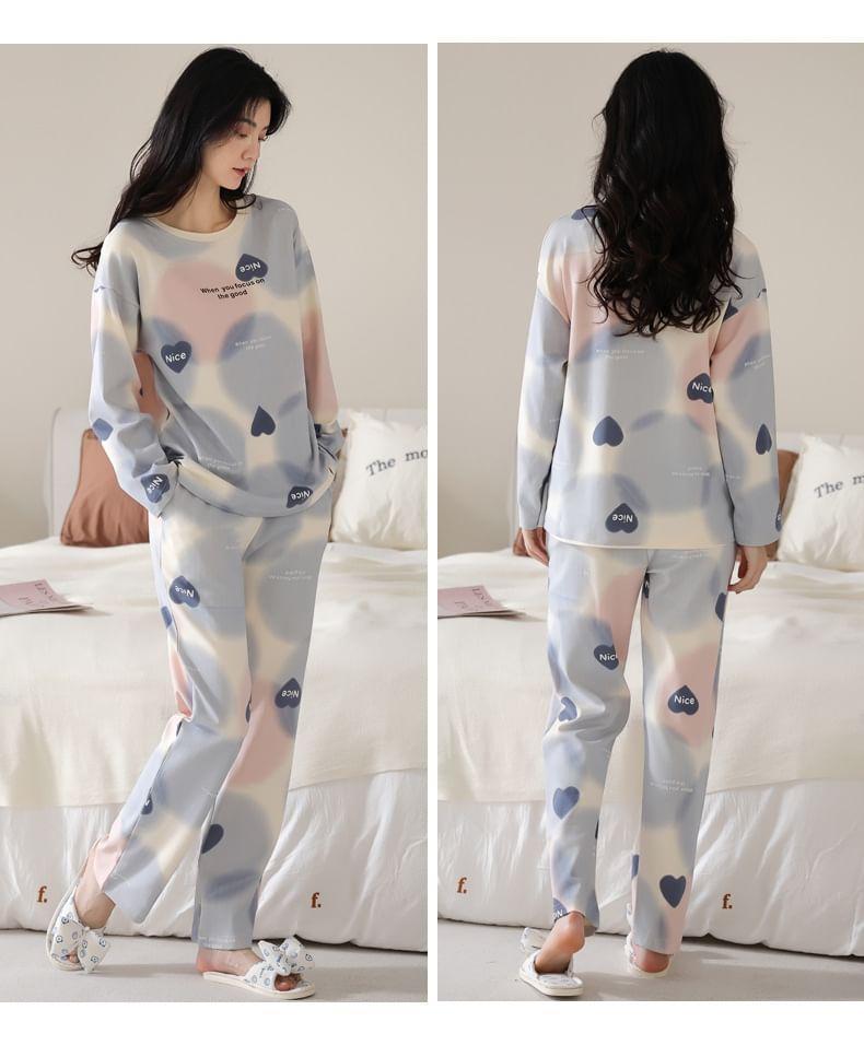 Loungewear Set : Long-Sleeve Heart Print Padded T-Shirt + Pants Product Image