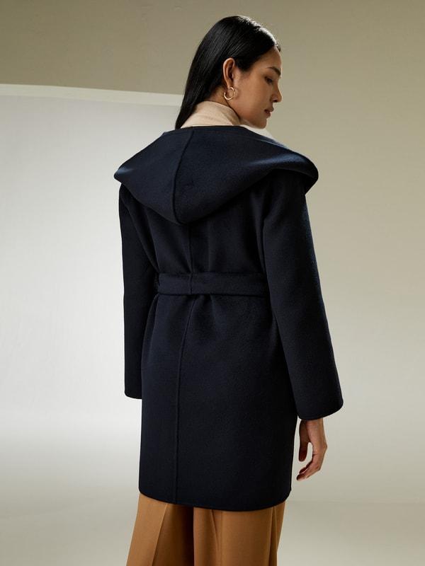 Cashmere-Wool-Blend Belted Short Hooded Coat Product Image