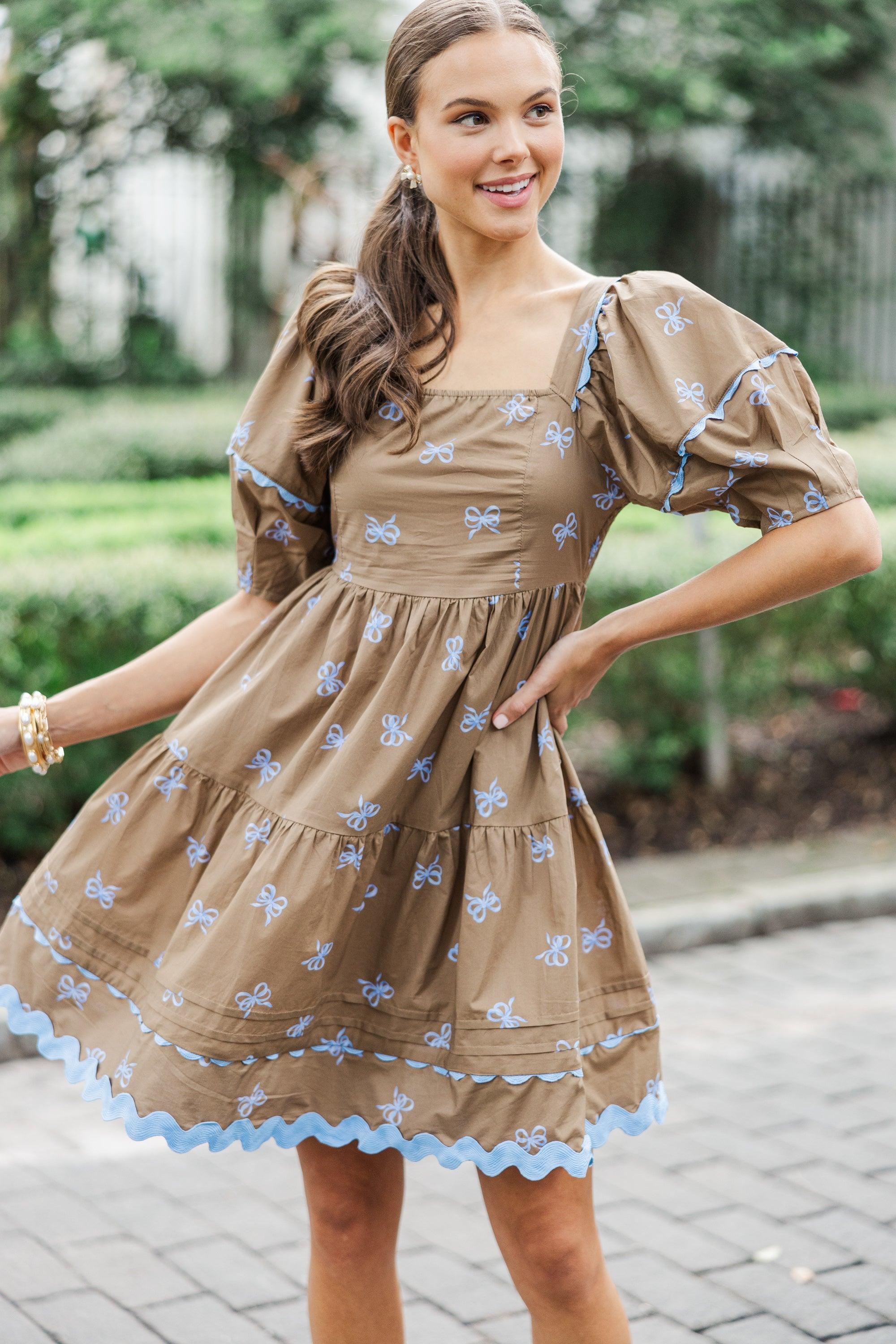 The Perfect Day Coffee Brown Bow Print Dress Female Product Image