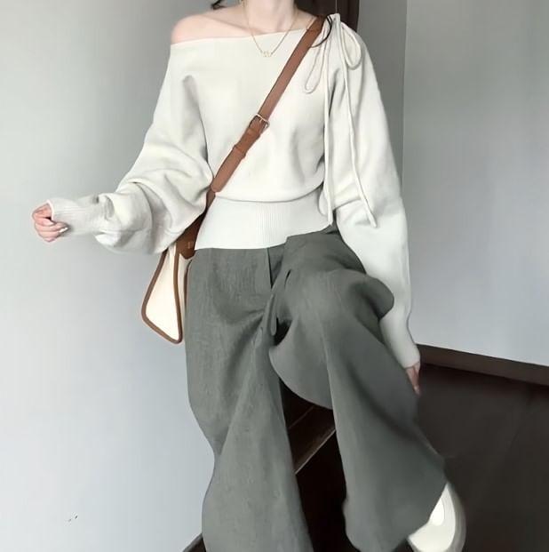 Off-Shoulder Plain Sweater / High Rise Wide Leg Pants Product Image