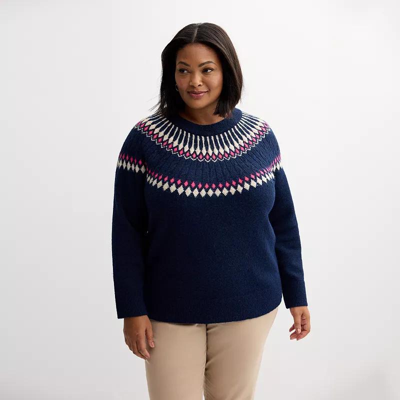 Plus Size Croft & Barrow Fairisle Ringer Pullover Sweater, Womens Blue Diamond Yoke Product Image