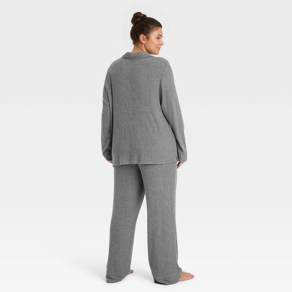 Women's Cozy Ribbed Long Sleeve Notch Collar Shirt and Pants Pajama Set - Auden™ Dark Gray 2X Product Image