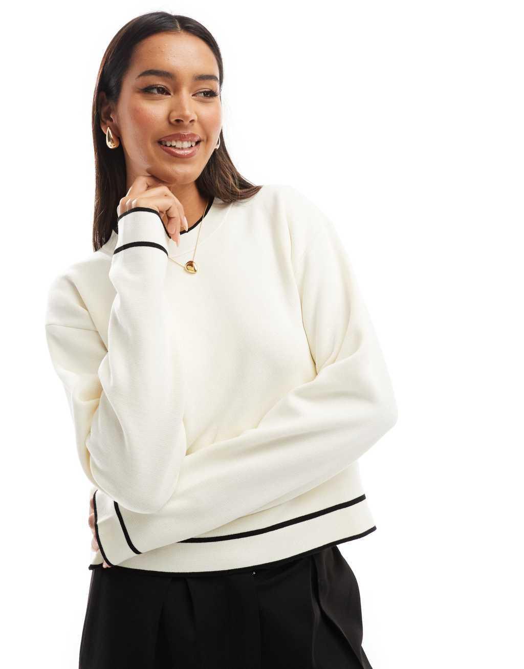 Mango contrast neck sweater in white and black Product Image