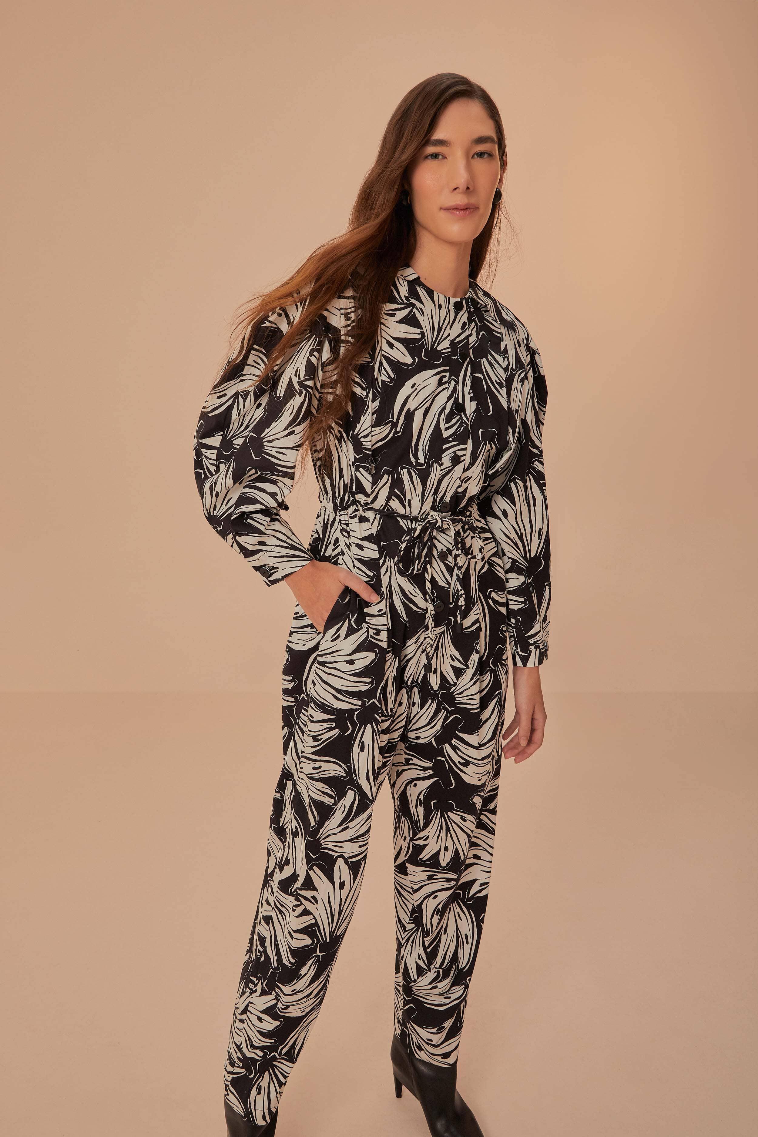 Black Bossa Banana Long Sleeve Jumpsuit Product Image