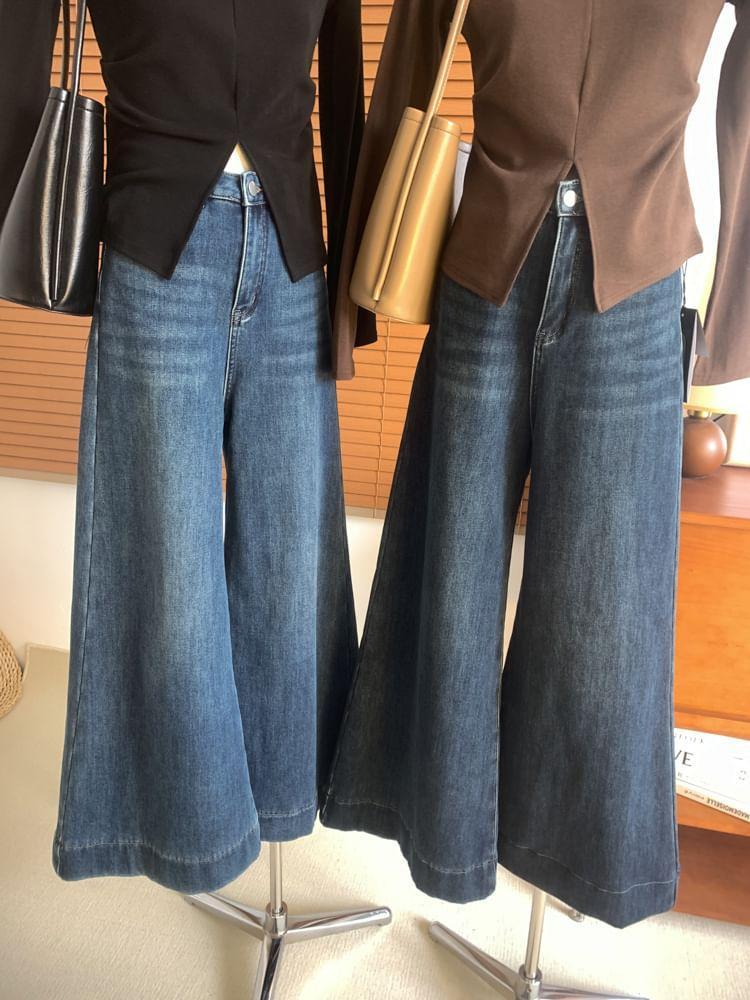 High Waist Washed Fleece-Lined Flared Jeans Product Image