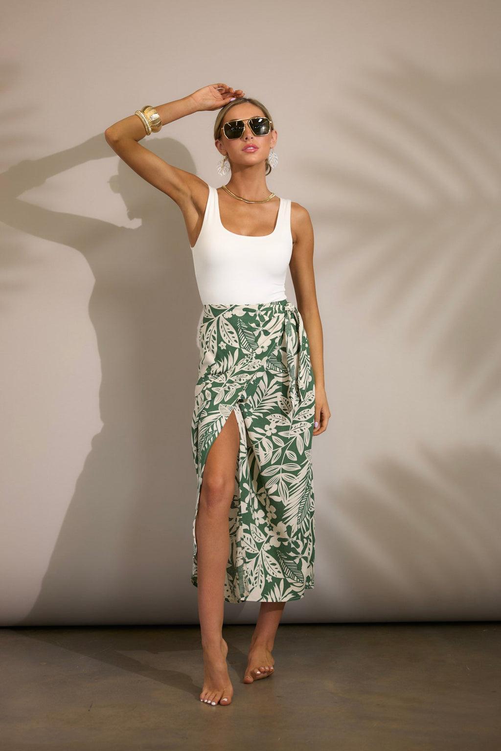 Jungle Canopy Green Tropical Print Midi Wrap Skirt Product Image