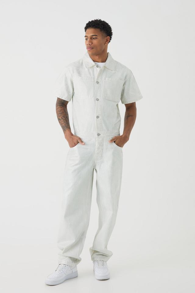 Relaxed Rigid Sliver Metallic Coated Denim Jumpsuit | boohooMAN USA Product Image