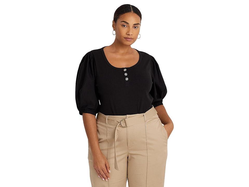 Lauren Ralph Lauren Plus-Size Stretch Cotton Puff-Sleeve Henley Tee Women's Clothing product image