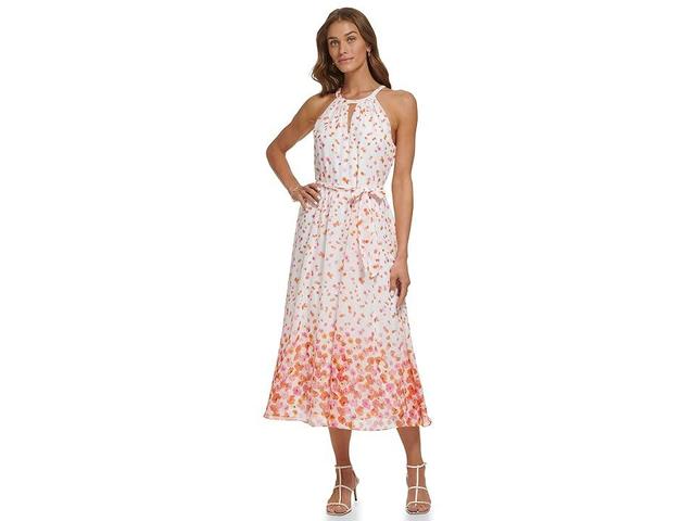 DKNY Sleeveless Halter Dress with Keyhole (Ivory/Tangerine Multi) Women's Dress Product Image