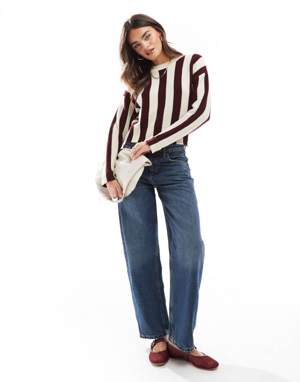 ASOS DESIGN knitted oversized sweater in wine stripe Product Image