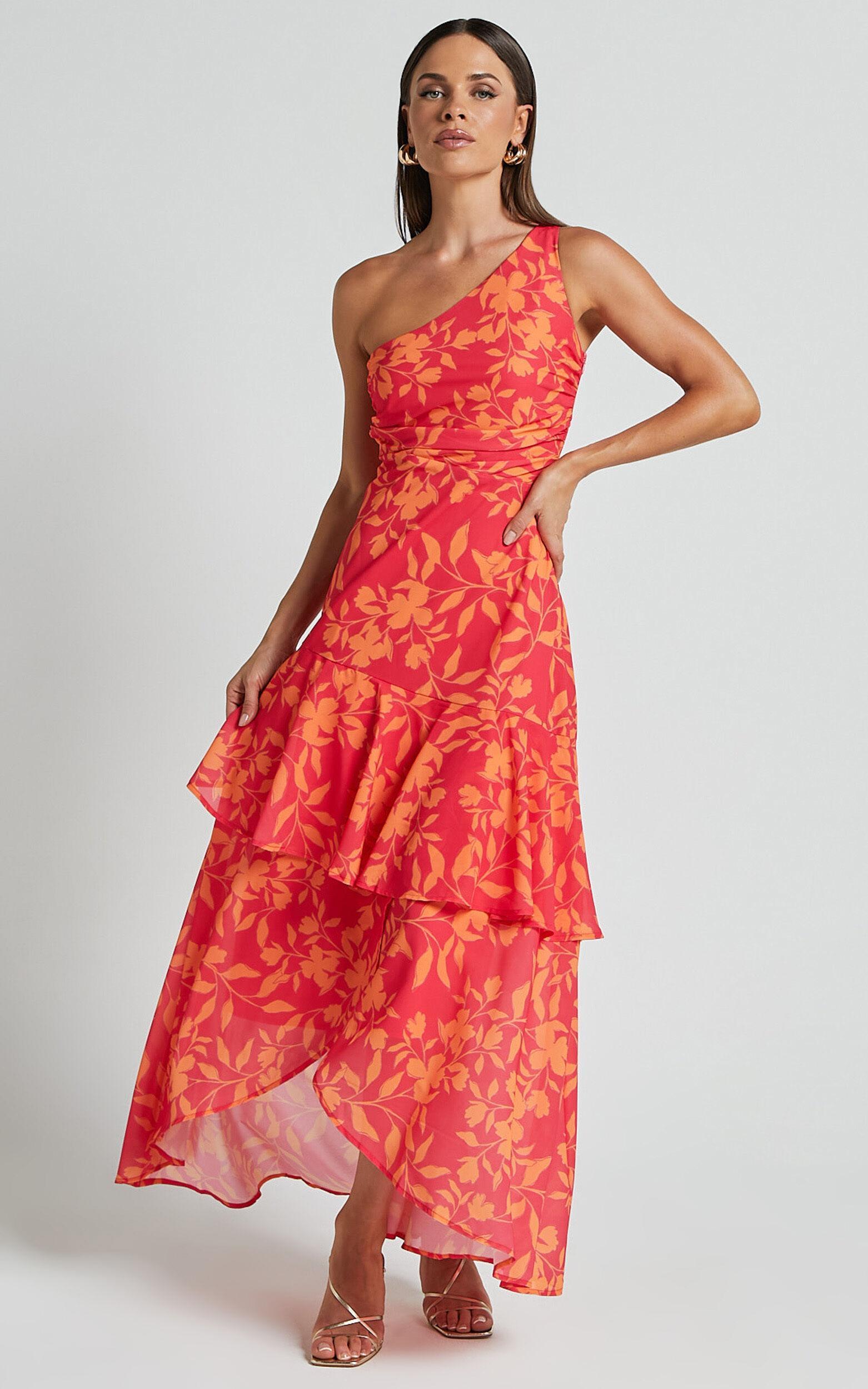 Reyes Midi Dress - Asymmetric One Shoulder With Ruffle Hem Dress in Shadow Fuchsia Print Product Image