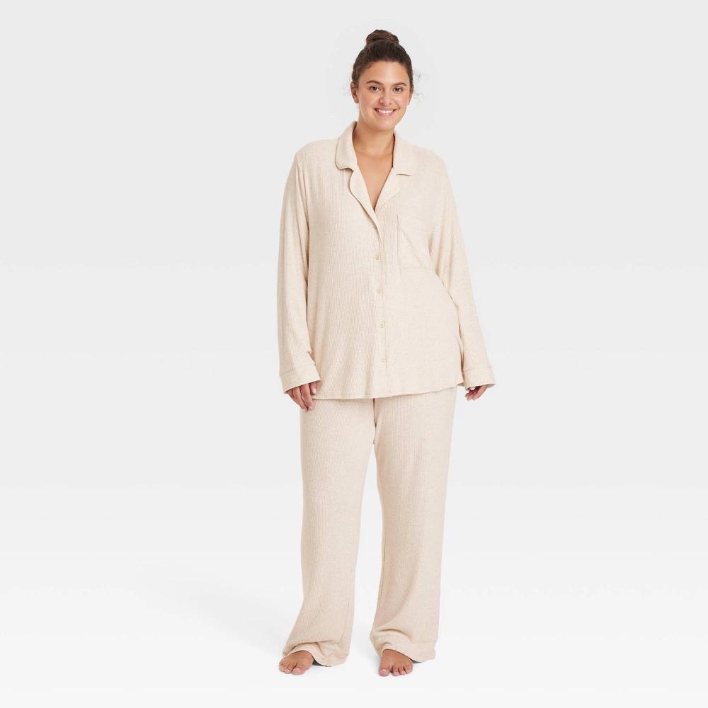 Womens Cozy Ribbed Long Sleeve Notch Collar Shirt and Pants Pajama Set - Auden Oatmeal 4X Product Image