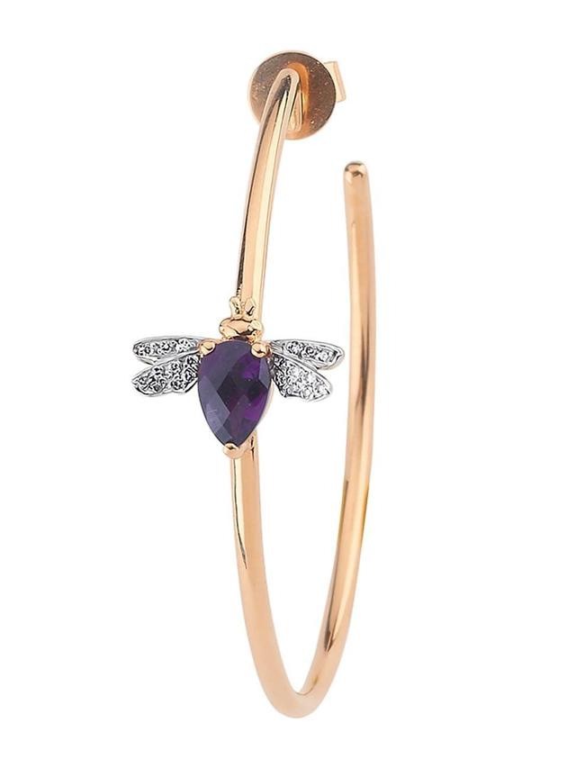 Womens Honey 14K Rose Gold, Amethyst, & 0.03 TCW Diamond Single Bee Hoop Earring Product Image