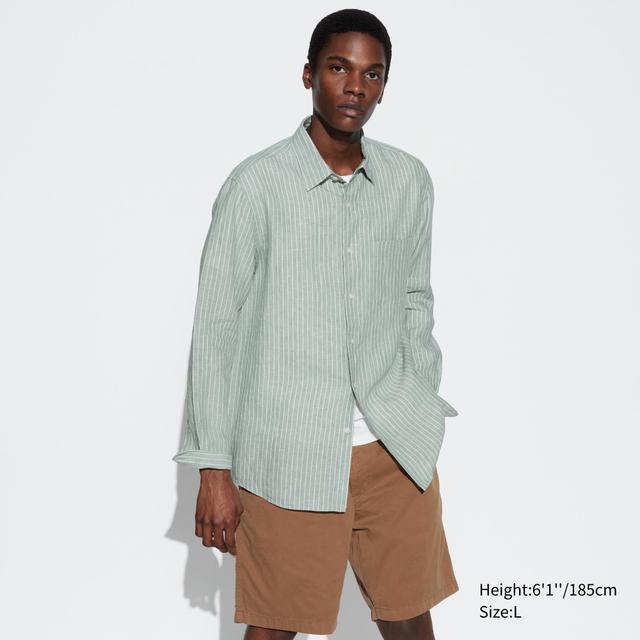 Mens Premium Linen Striped Long-Sleeve Shirt Green XS UNIQLO US Product Image