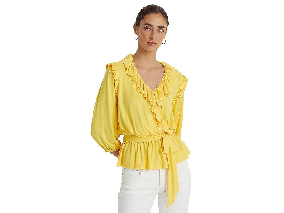 Lauren Ralph Lauren Belted Jersey Peplum Top (Sunfish Yellow) Women's Clothing Product Image