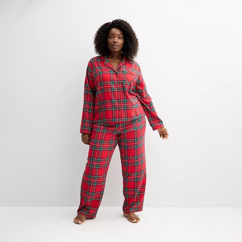 Plus Size Sonoma Goods For Life Flannel Notch Pajama Top & Pajama Bottoms Set, Womens Blue Gingham Product Image