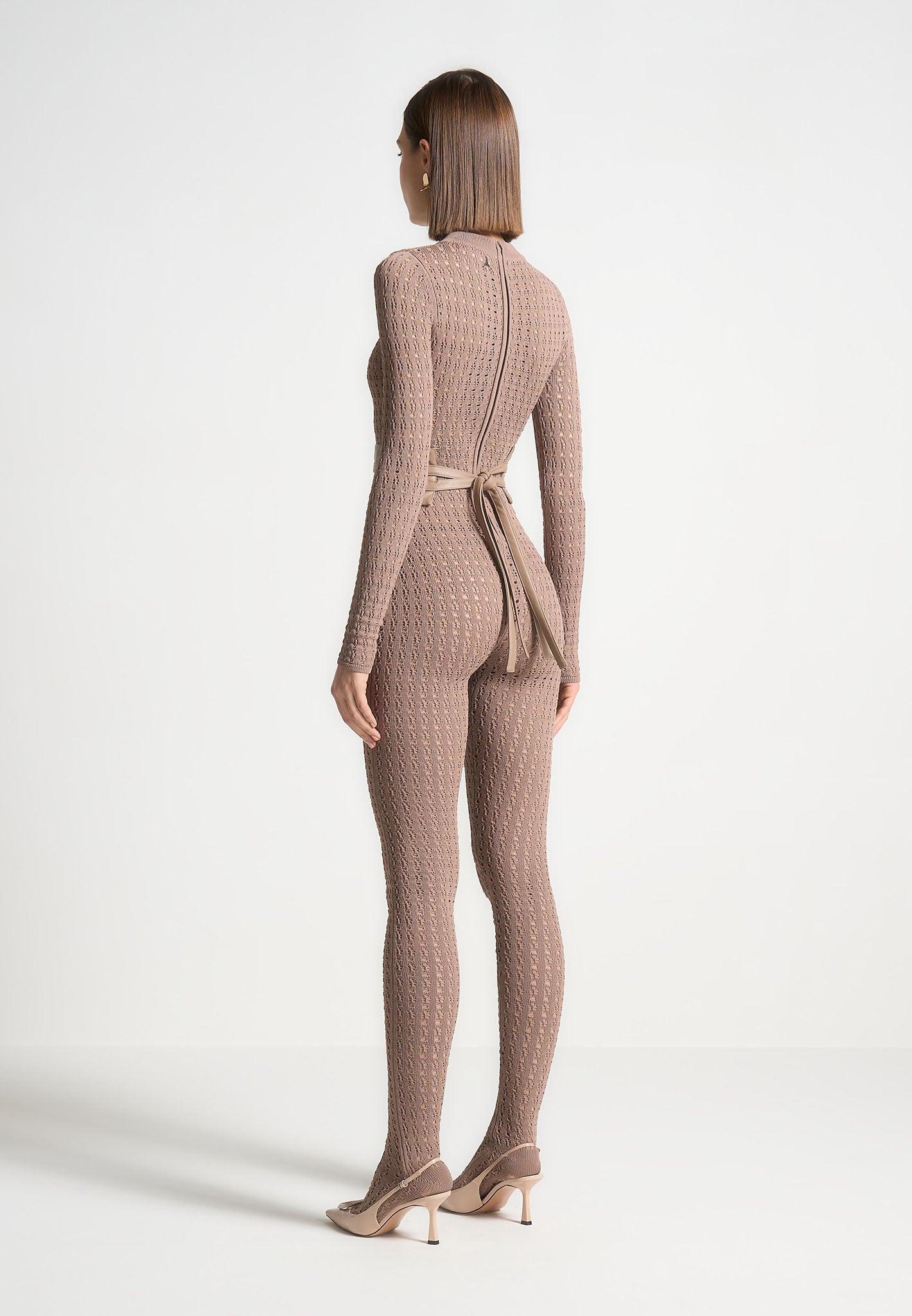 Pointelle Knit Long Sleeve Jumpsuit with Belt - Taupe Female Product Image