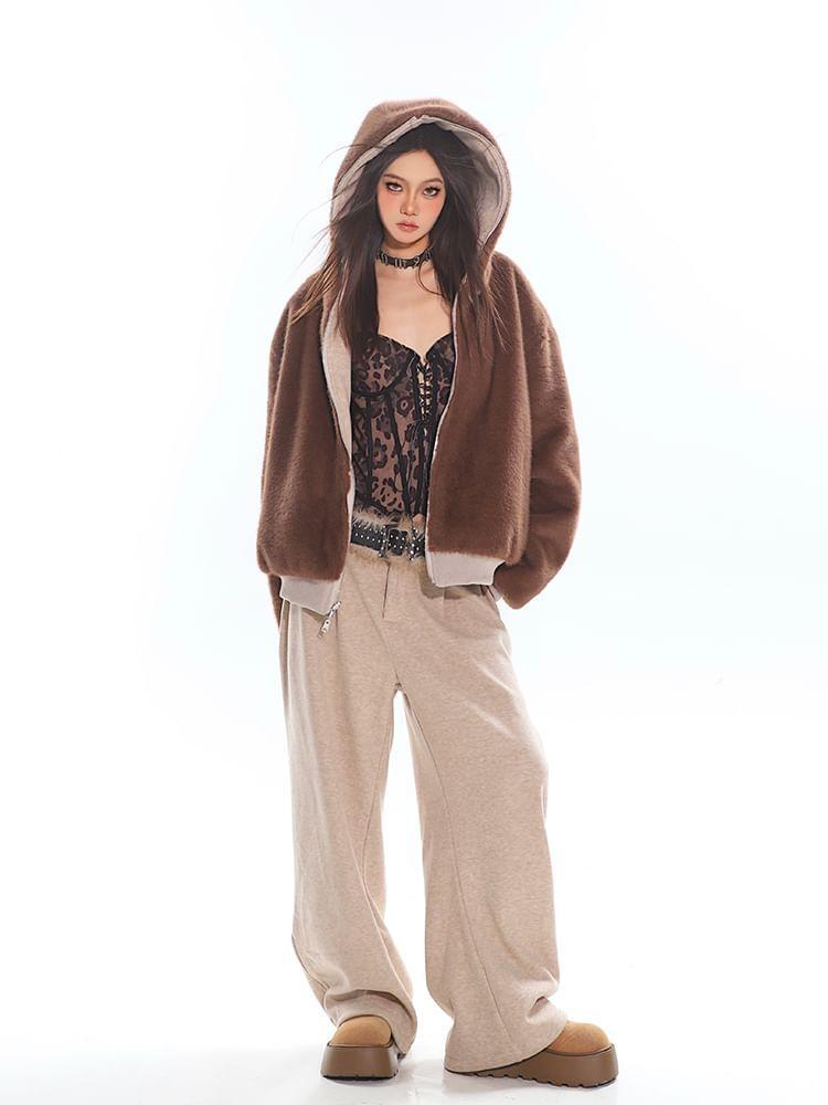 Reversible Fluffy Zip Hoodie / Mid Waist Plain Wide Leg Sweatpants Product Image