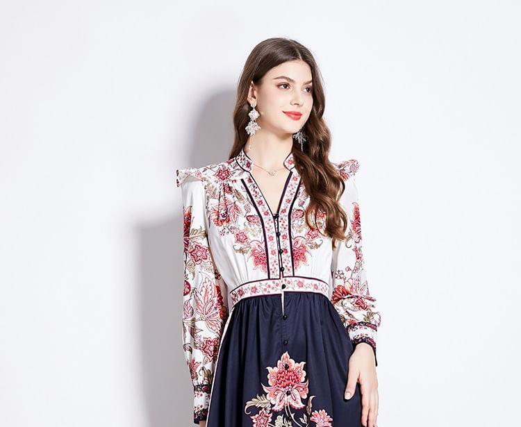 Long Sleeve V-Neck Floral Print Frill Button Midi A-Line Dress Product Image