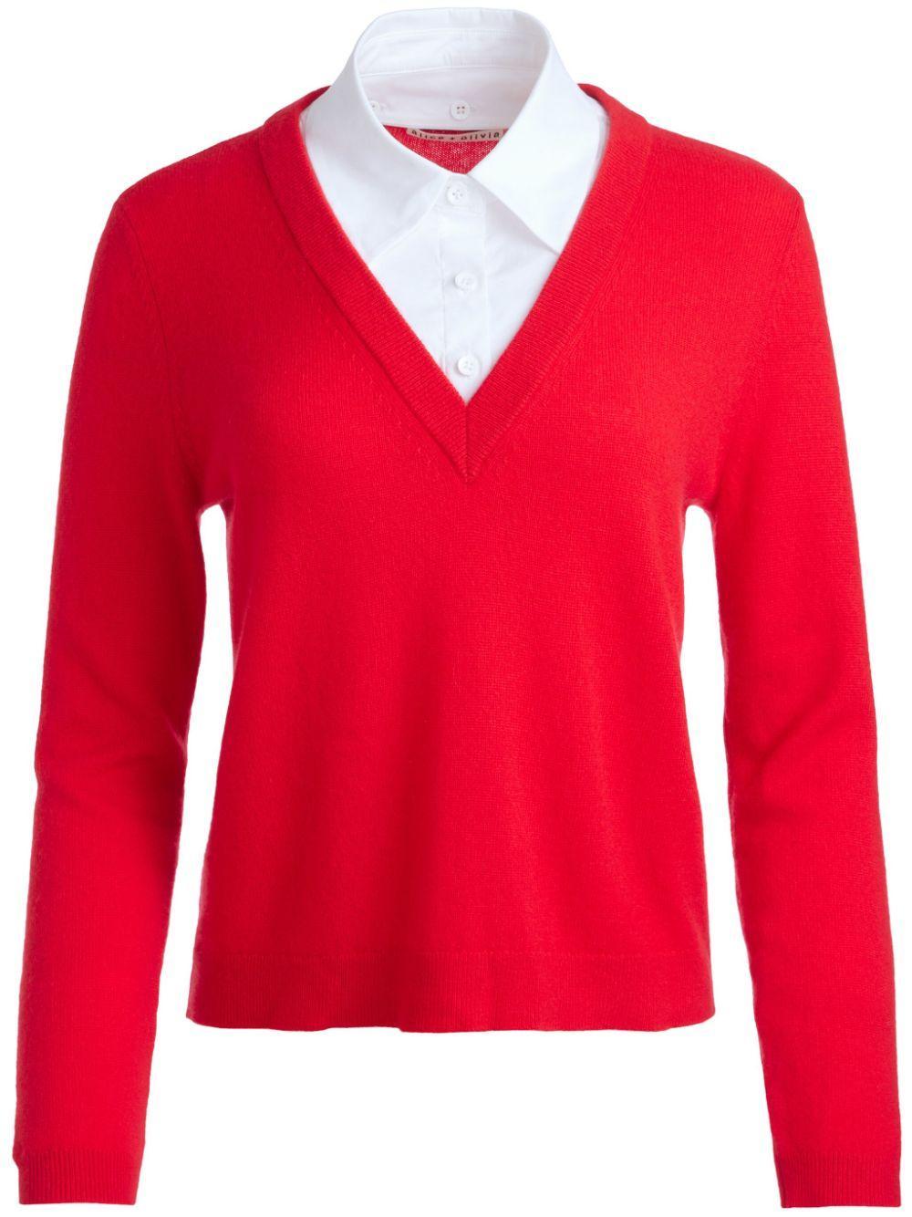 ALICE AND OLIVIA Denby Woven Collar Cashmere Pullover In Bright Rubywhite Product Image