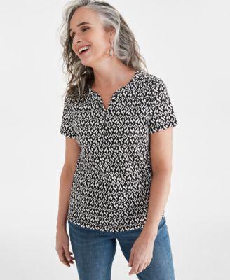 Style & Co Womens Printed Short-Sleeve Henley Top, Created for Macys Product Image