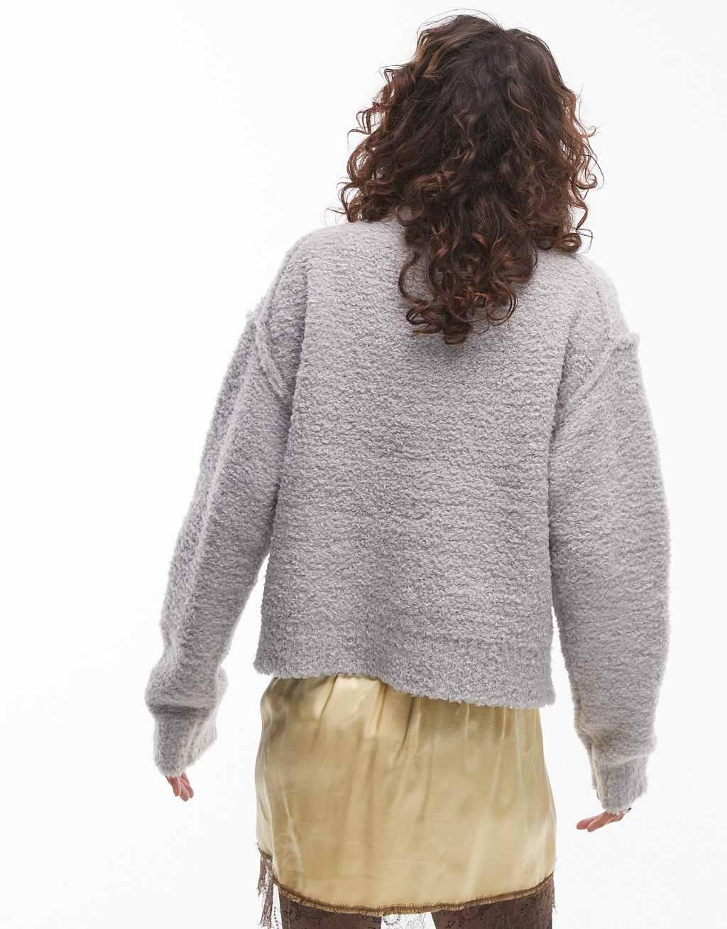 Topshop knit crew neck teddy cardigan with pockets in gray Product Image