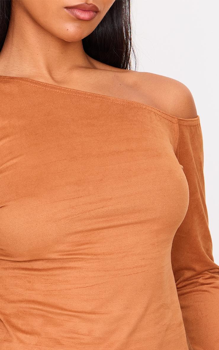 Tan Faux Suede Asymmetric Neck Long Sleeve Top Product Image