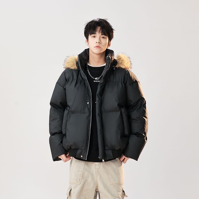 Stand Collar Plain Hood Zip Puffer Jacket Product Image