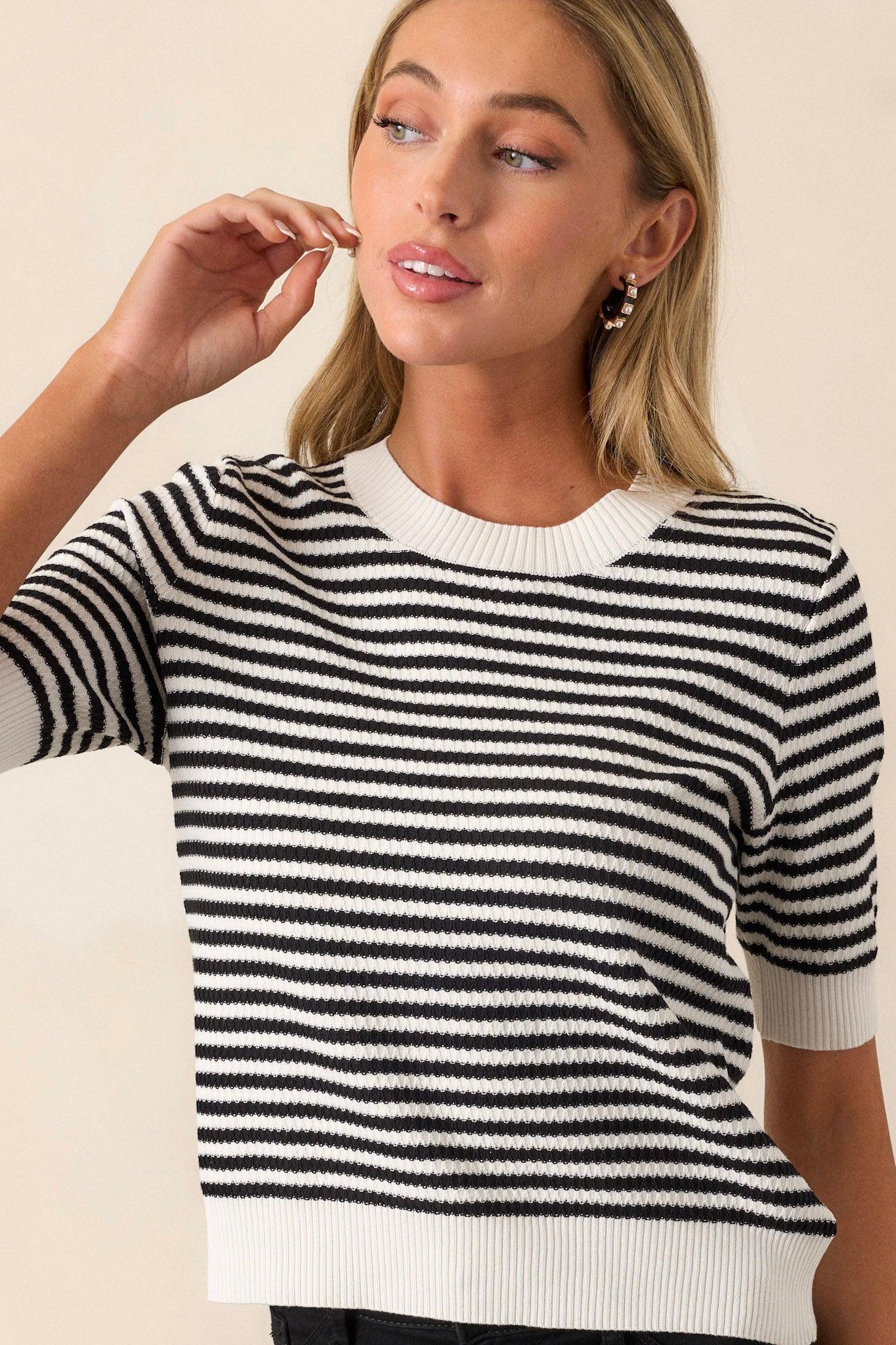 I'm Okay With That Black Stripe Short Sleeve Knit Top Product Image